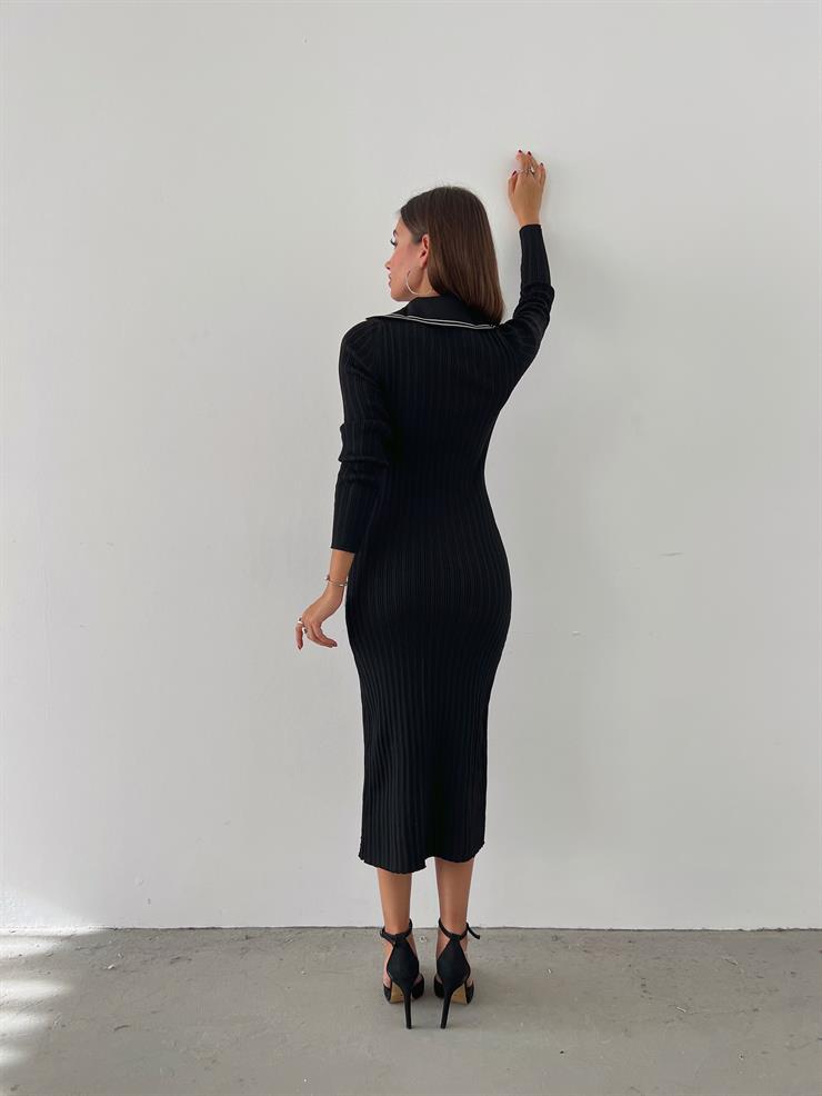 Gömlek Yaka Önü Düğme Kapamalı Sildane Kadın Siyah Elbise 24k000059