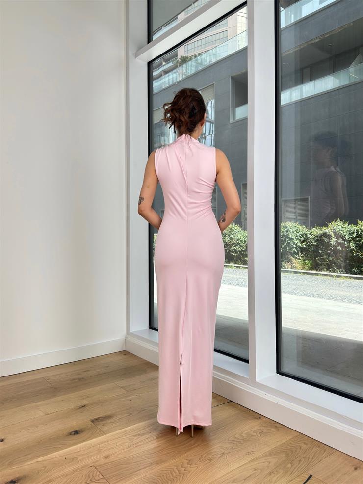 Yarım Boğazlı Kolsuz Drapeli Silva Kadın Pembe Maxi Elbise 24Y353