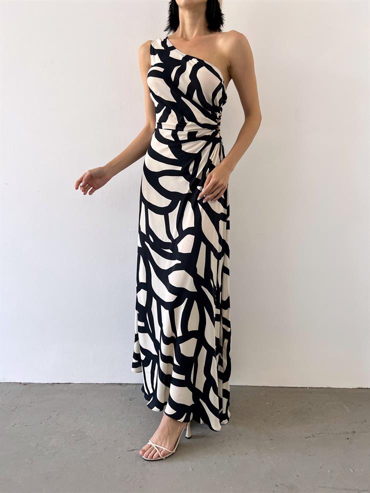 Tek Askılı Yanı Büzgülü Silvanus Kadın Desenli Siyah Elbise 23Y000495