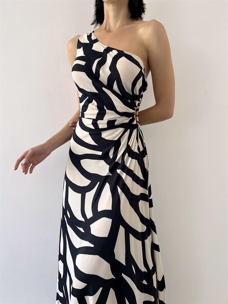 Tek Askılı Yanı Büzgülü Silvanus Kadın Desenli Siyah Elbise 23Y000495