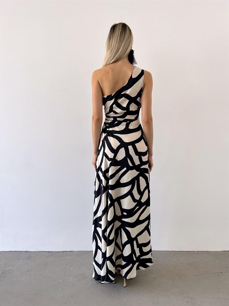 Tek Askılı Yanı Büzgülü Silvanus Kadın Desenli Siyah Elbise 23Y000495