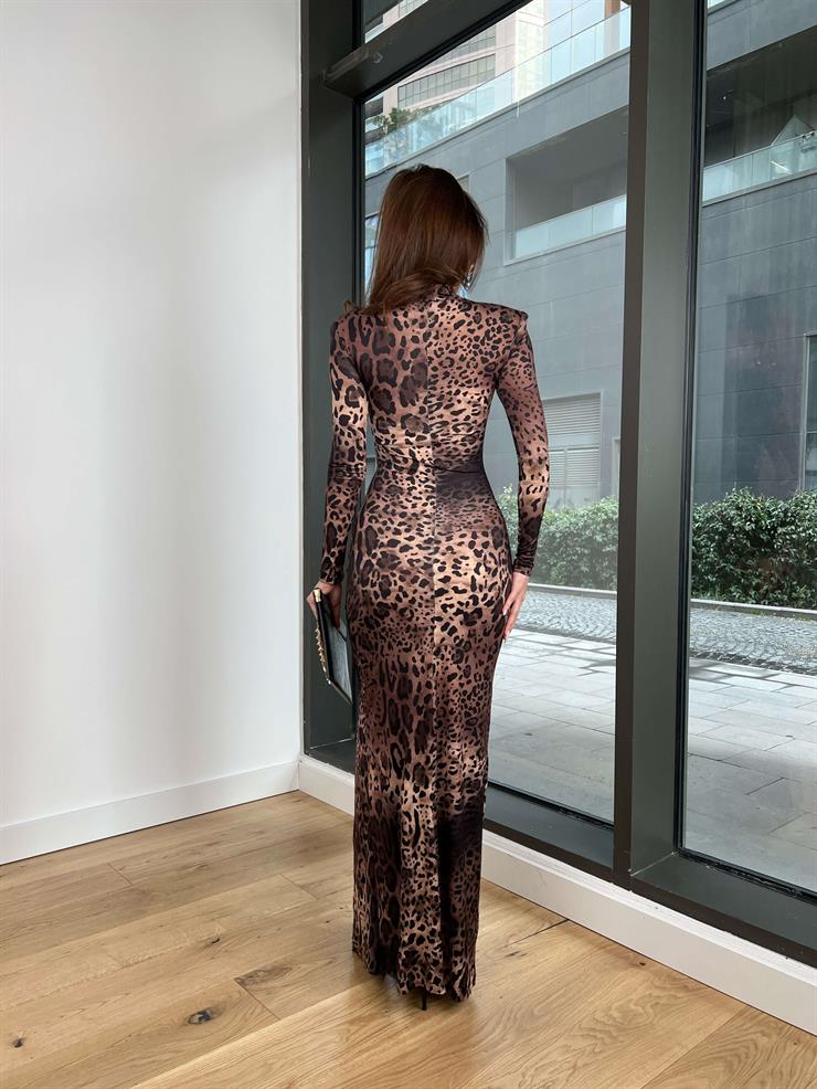 Yarım Boğazlı Drape Detaylı Yırtmaçlı Sima Kadın Leopar Desenli  Elbise 24Y028