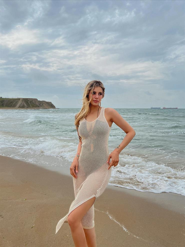 Kalın Askılı File Dokuma Simli Ajurlu Kadın Krem Uzun Elbise 23Y000382