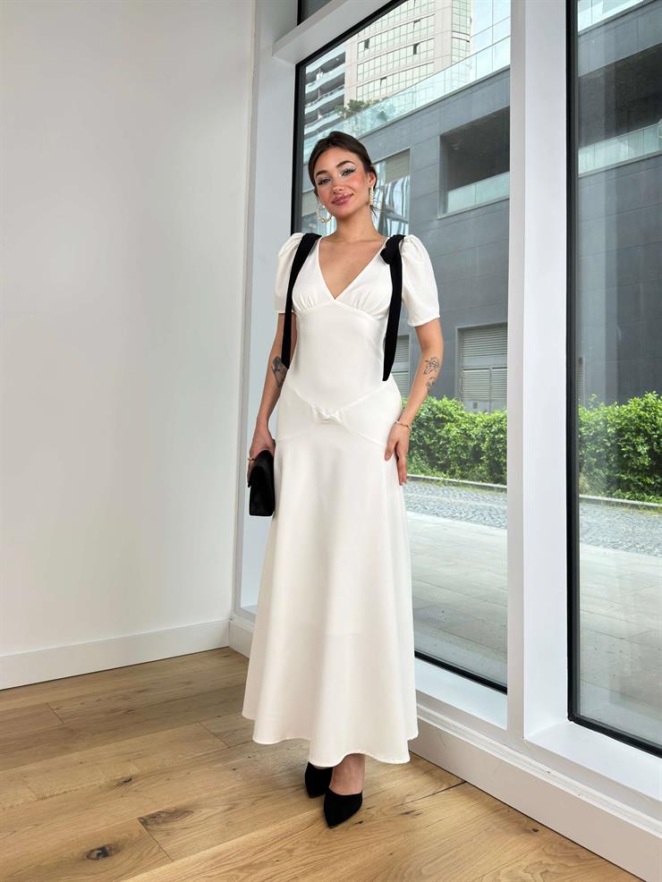 Derin V Yaka Omuzları Fiyonk Detaylı Simona Kadın Ekru Maxi Elbise 24Y474