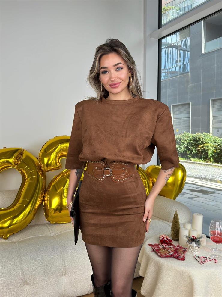 Kısa Kol Üst Kısmı Geniş Bei Deri Kemerli Sinda Kahve Kadın Süet Mini Elbise 25K421