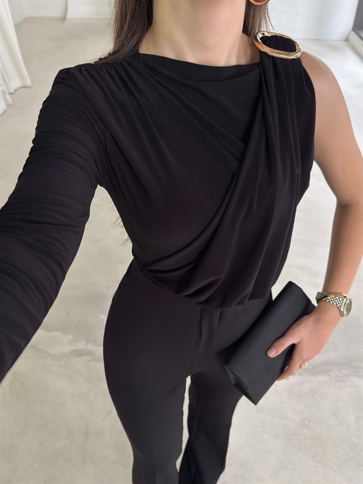 Aksesuarlı Tek Kol Drape Detaylı Sindi Siyah Kadın Bluz 26K352