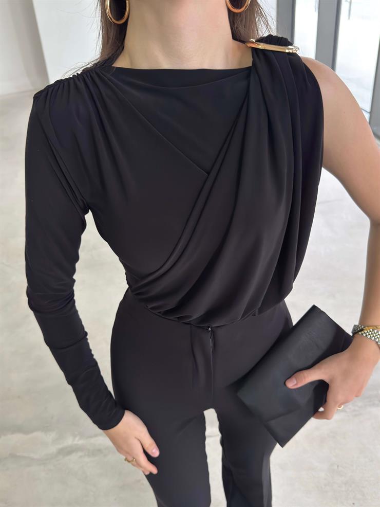 Aksesuarlı Tek Kol Drape Detaylı Sindi Siyah Kadın Bluz 26K352