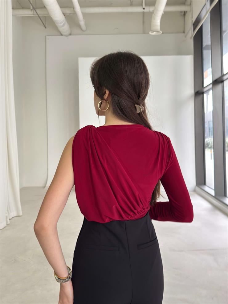 Aksesuarlı Tek Kol Drape Detaylı Sindi Bordo Kadın Bluz 26K352