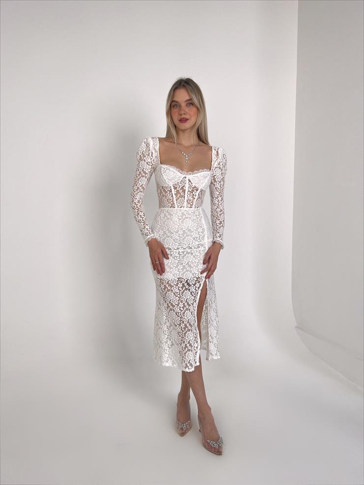 Korse Detaylı Transparan Yandan Yırtmaçlı Sion Kadın Beyaz Midi Elbise 23Y000146