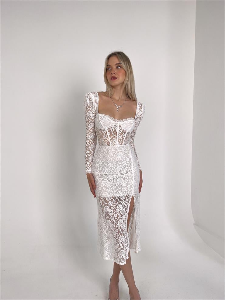 Korse Detaylı Transparan Yandan Yırtmaçlı Sion Kadın Beyaz Midi Elbise 23Y000146