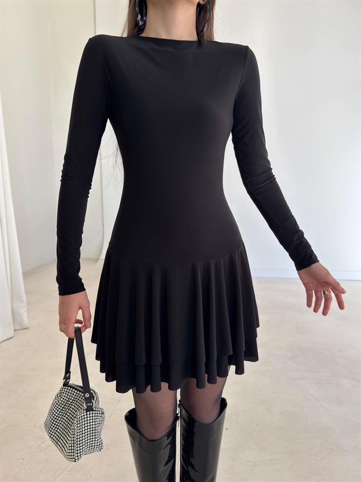 Eteği Pileli Uzun Kol Mini Sirelda Siyah Kadın Elbise 26K354