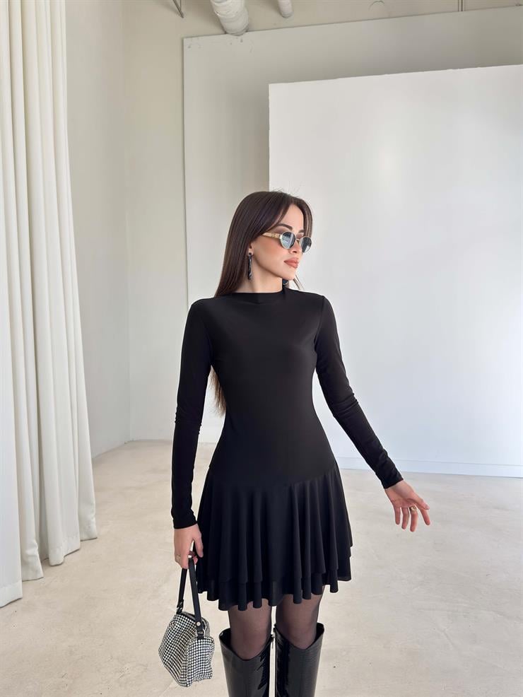 Eteği Pileli Uzun Kol Mini Sirelda Siyah Kadın Elbise 26K354