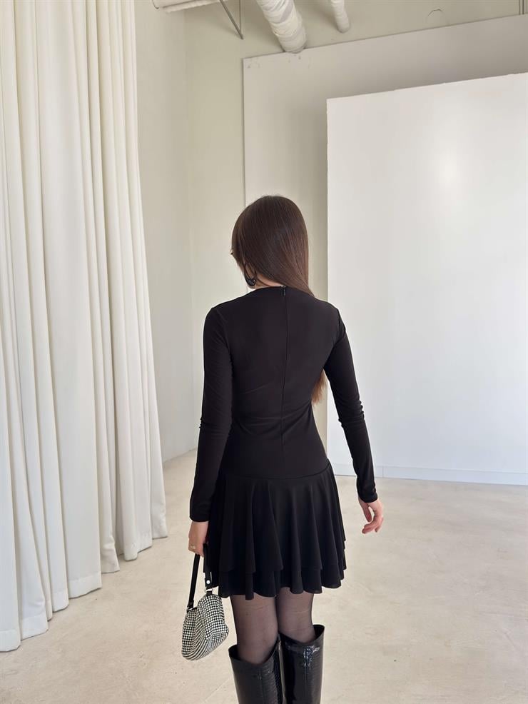 Eteği Pileli Uzun Kol Mini Sirelda Siyah Kadın Elbise 26K354