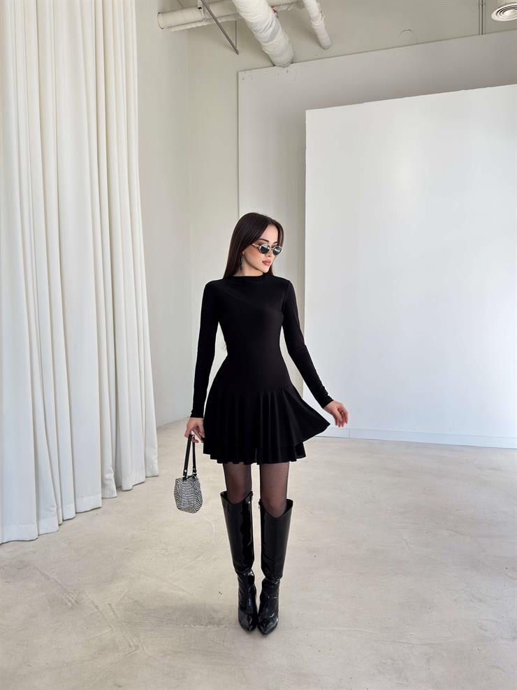 Eteği Pileli Uzun Kol Mini Sirelda Siyah Kadın Elbise 26K354