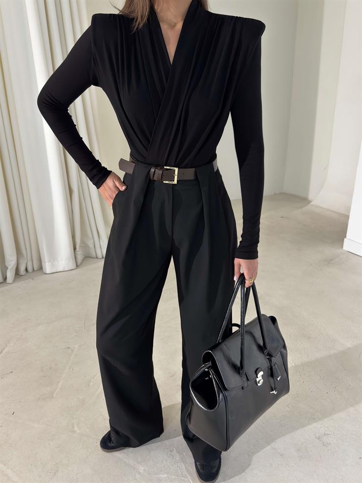 Kemerli Yüksek Bel Siren Siyah Kadın Palazzo Pantolon 26K406