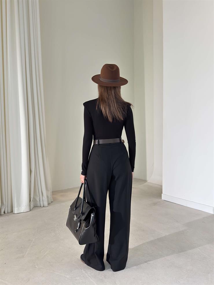 Kemerli Yüksek Bel Siren Siyah Kadın Palazzo Pantolon 26K406