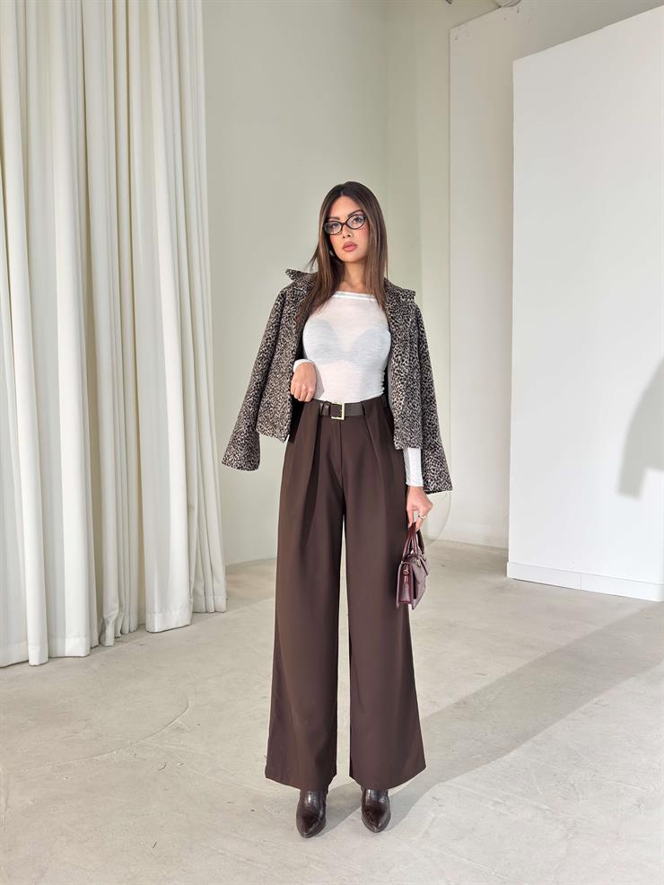 Kemerli Yüksek Bel Siren Kahve Kadın Palazzo Pantolon 26K406