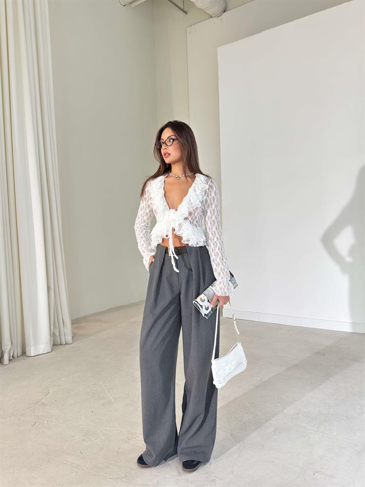 Kemerli Yüksek Bel Siren Antrasit Kadın Palazzo Pantolon 26K406