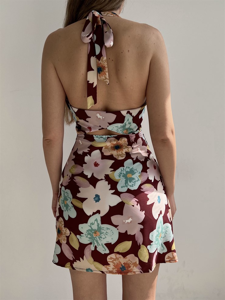 Sırt Dekolte Etek Kısmı Kruvaze Kesim Çiçekli Curtis Kadın Kahverengi Elbise 22Y000218