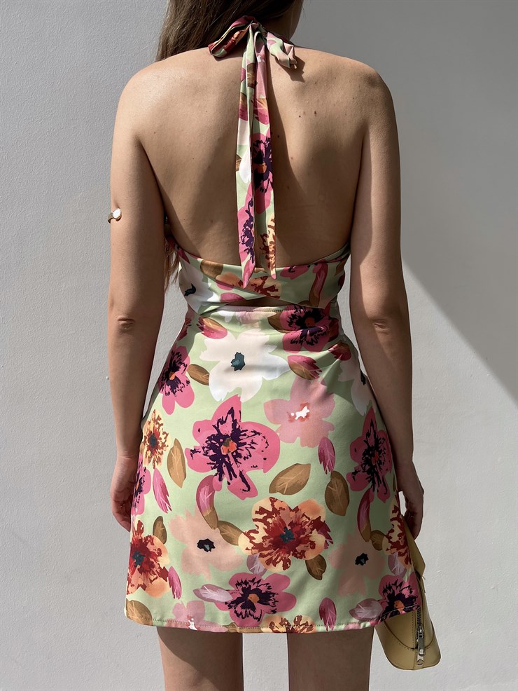 Sırt Dekolte Etek Kısmı Kruvaze Kesim Çiçekli Curtis Kadın Yeşil Elbise 22Y000218