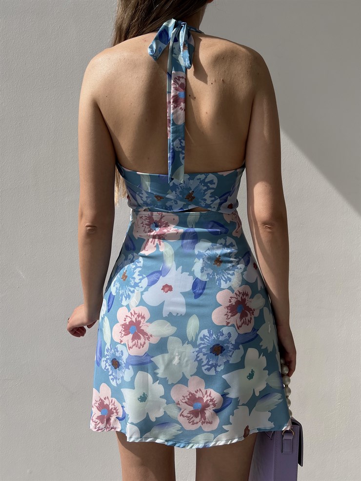 Sırt Dekolte Etek Kısmı Kruvaze Kesim Çiçekli Curtis Kadın Mavi Elbise 22Y000218