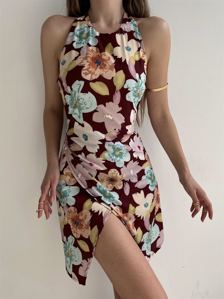 Sırt Dekolte Etek Kısmı Kruvaze Kesim Çiçekli Curtis Kadın Kahverengi Elbise 22Y000218