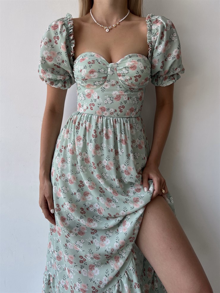 Sırt Dekolteli Çiçekli Uzun Kiloş Model Mirandus Kadın Yeşil Elbise 22Y000456