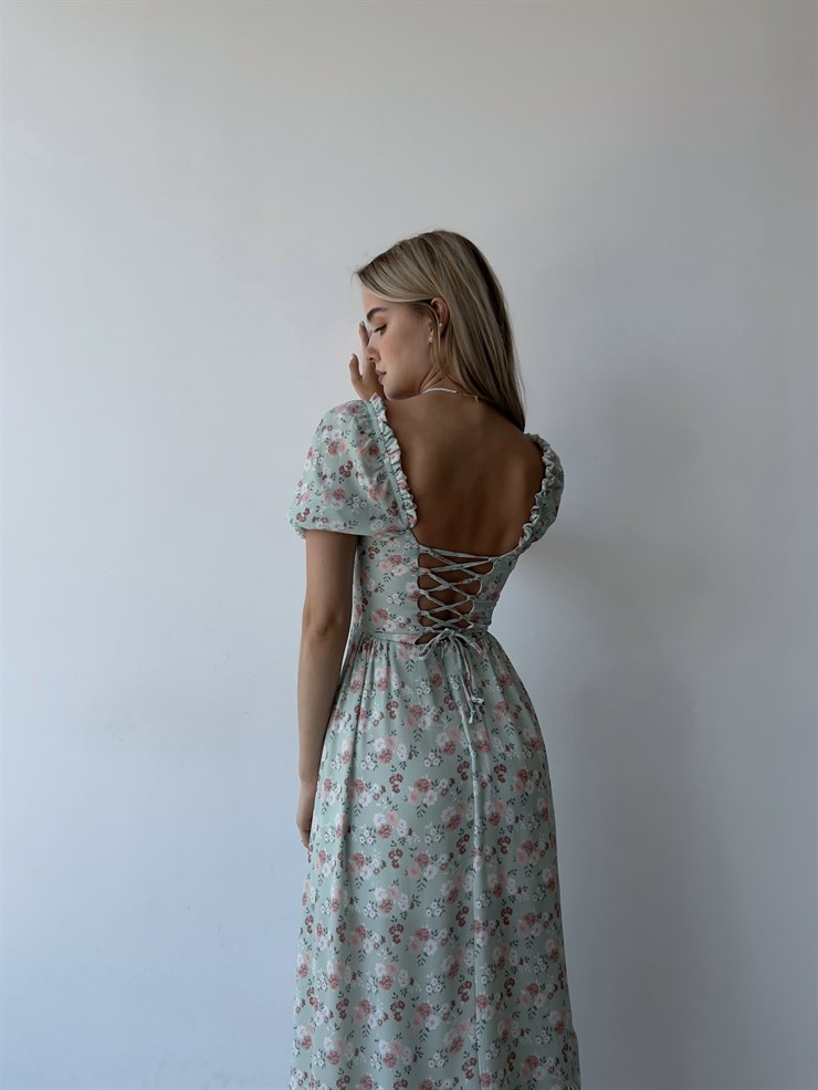 Sırt Dekolteli Çiçekli Uzun Kiloş Model Mirandus Kadın Yeşil Elbise 22Y000456
