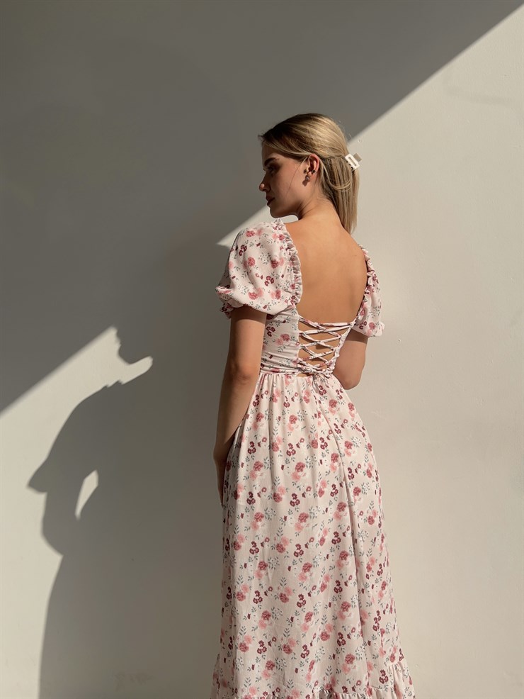 Sırt Dekolteli Çiçekli Uzun Kiloş Model Mirandus Kadın Pudra Elbise 22Y000456