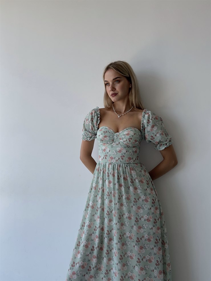 Sırt Dekolteli Çiçekli Uzun Kiloş Model Mirandus Kadın Yeşil Elbise 22Y000456