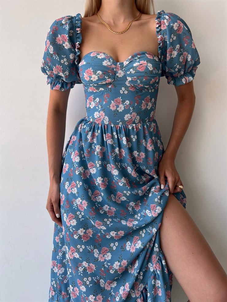 Sırt Dekolteli Çiçekli Uzun Kiloş Model Mirandus Kadın Mavi Elbise 22Y000456