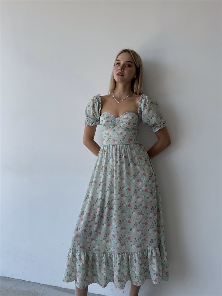 Sırt Dekolteli Çiçekli Uzun Kiloş Model Mirandus Kadın Yeşil Elbise 22Y000456