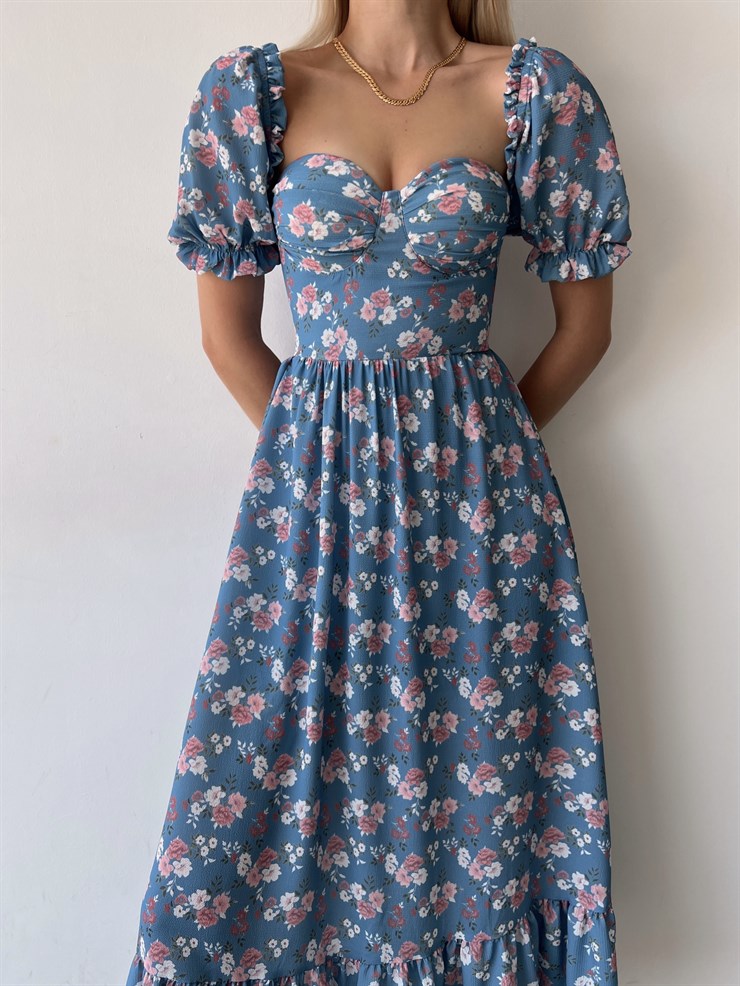 Sırt Dekolteli Çiçekli Uzun Kiloş Model Mirandus Kadın Mavi Elbise 22Y000456