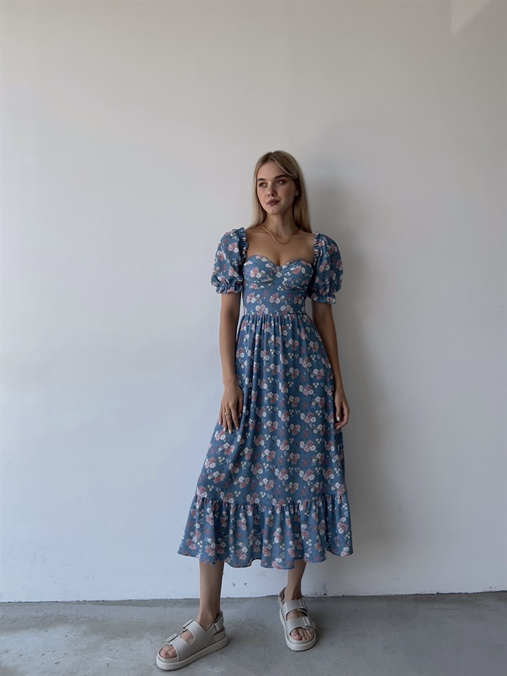 Sırt Dekolteli Çiçekli Uzun Kiloş Model Mirandus Kadın Mavi Elbise 22Y000456