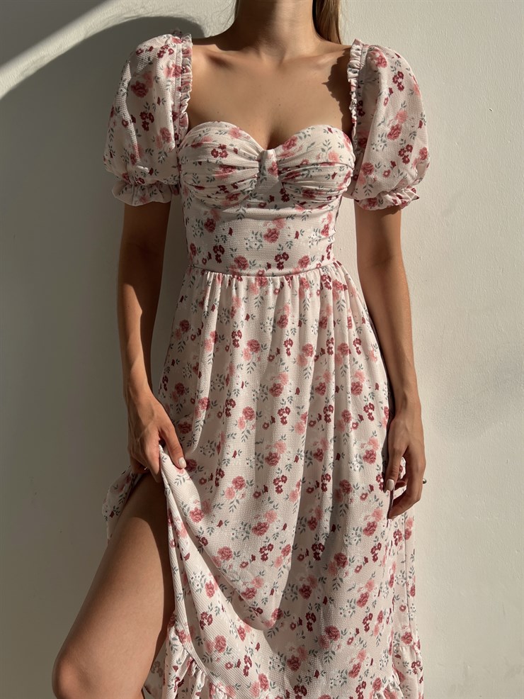 Sırt Dekolteli Çiçekli Uzun Kiloş Model Mirandus Kadın Pudra Elbise 22Y000456