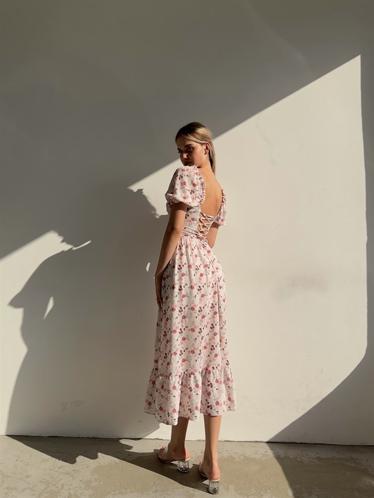 Sırt Dekolteli Çiçekli Uzun Kiloş Model Mirandus Kadın Pudra Elbise 22Y000456