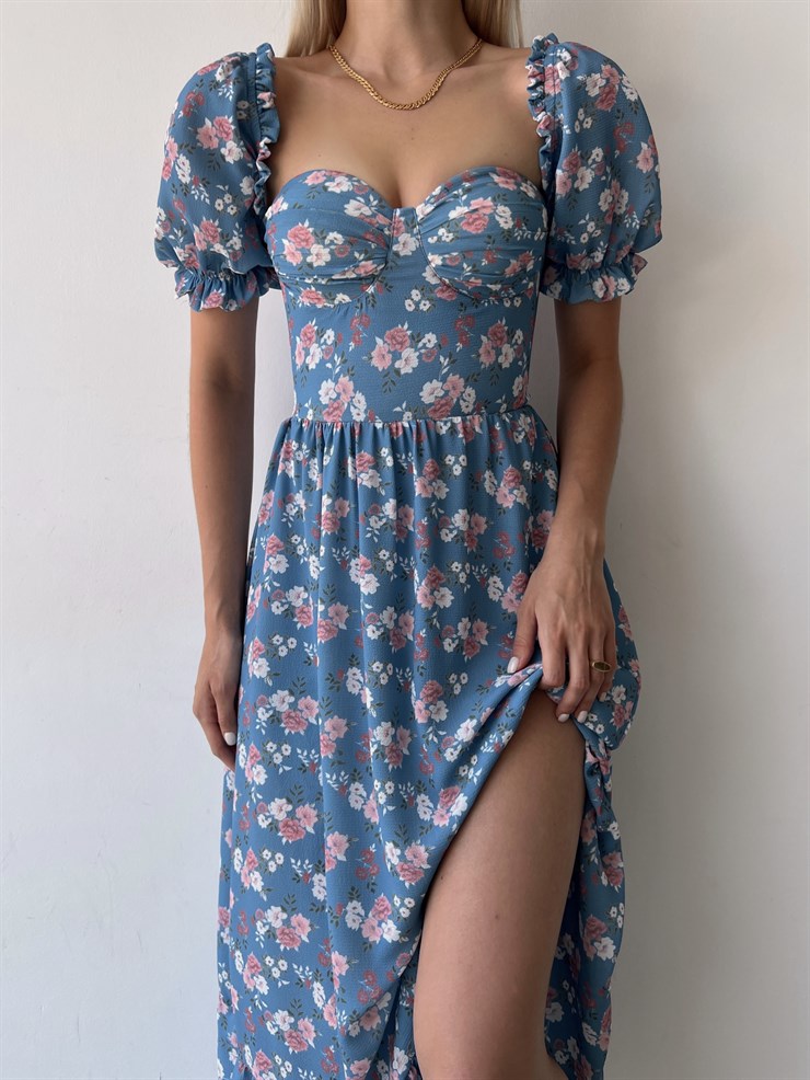 Sırt Dekolteli Çiçekli Uzun Kiloş Model Mirandus Kadın Mavi Elbise 22Y000456