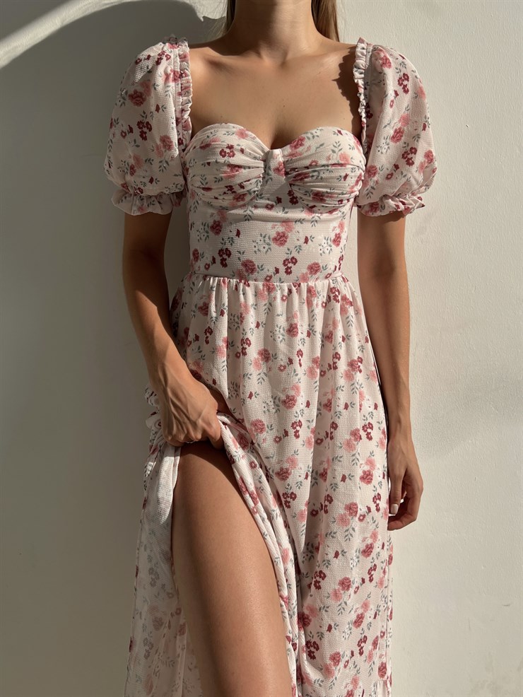 Sırt Dekolteli Çiçekli Uzun Kiloş Model Mirandus Kadın Pudra Elbise 22Y000456