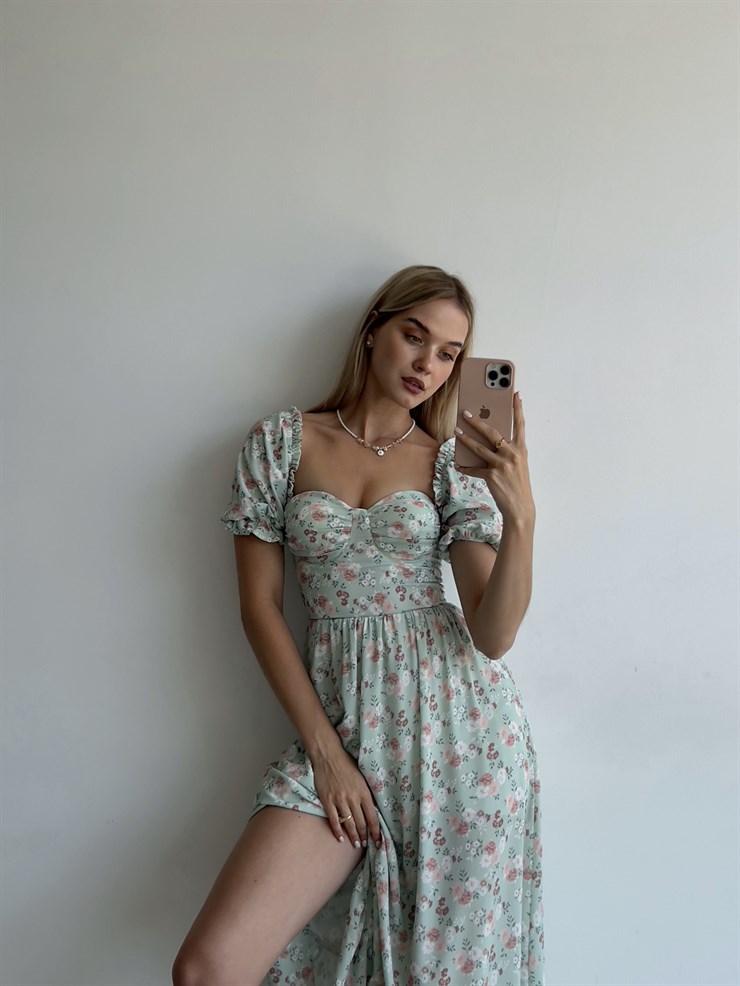 Sırt Dekolteli Çiçekli Uzun Kiloş Model Mirandus Kadın Yeşil Elbise 22Y000456
