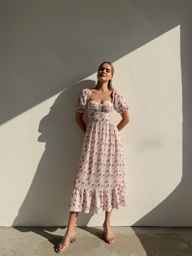Sırt Dekolteli Çiçekli Uzun Kiloş Model Mirandus Kadın Pudra Elbise 22Y000456