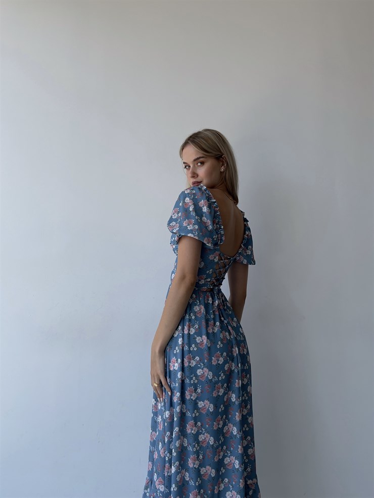 Sırt Dekolteli Çiçekli Uzun Kiloş Model Mirandus Kadın Mavi Elbise 22Y000456