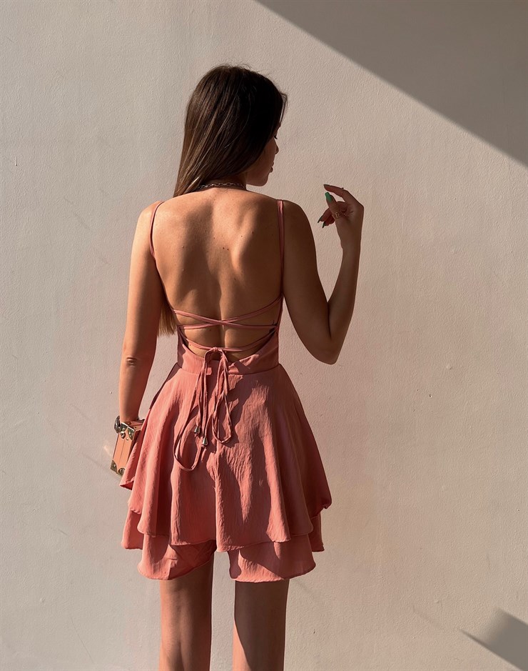 Sırt Dekolteli Volanlı Dalia Kadın Pudra Şort Tulum 22Y000075