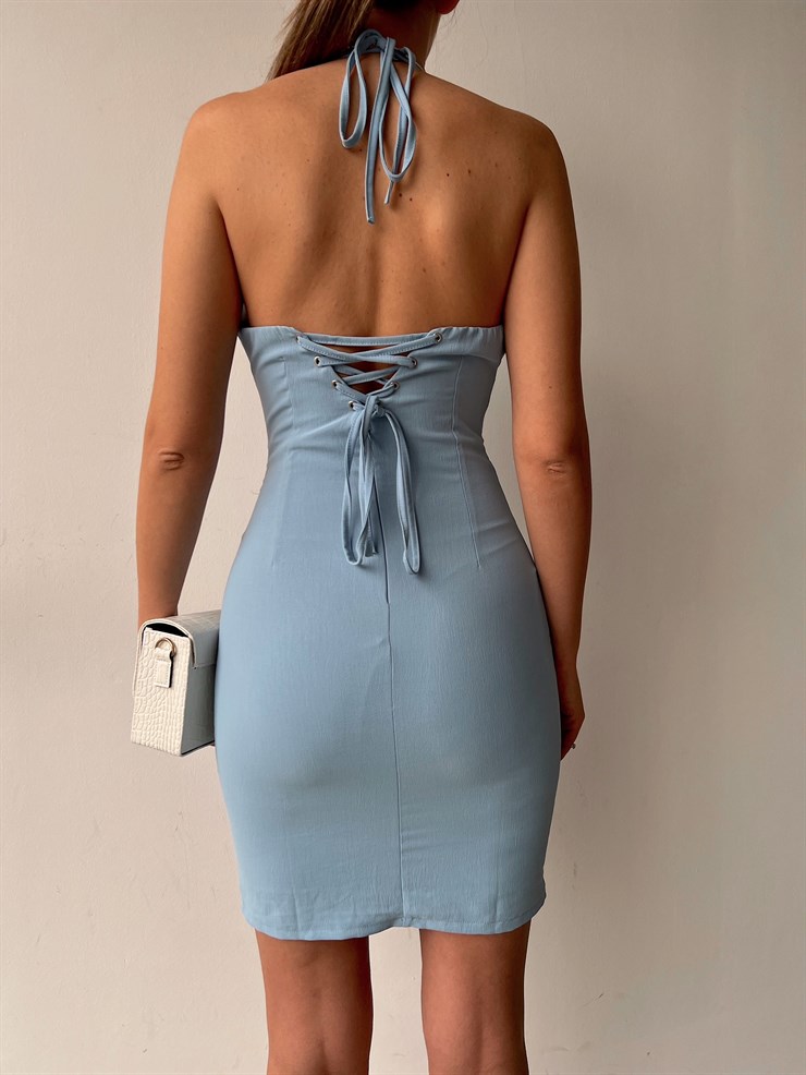 Sırtı Şerit Bağcık Detay Göğüsü Fırfırlı Ashanti Kadın Mavi Elbise 22Y000035