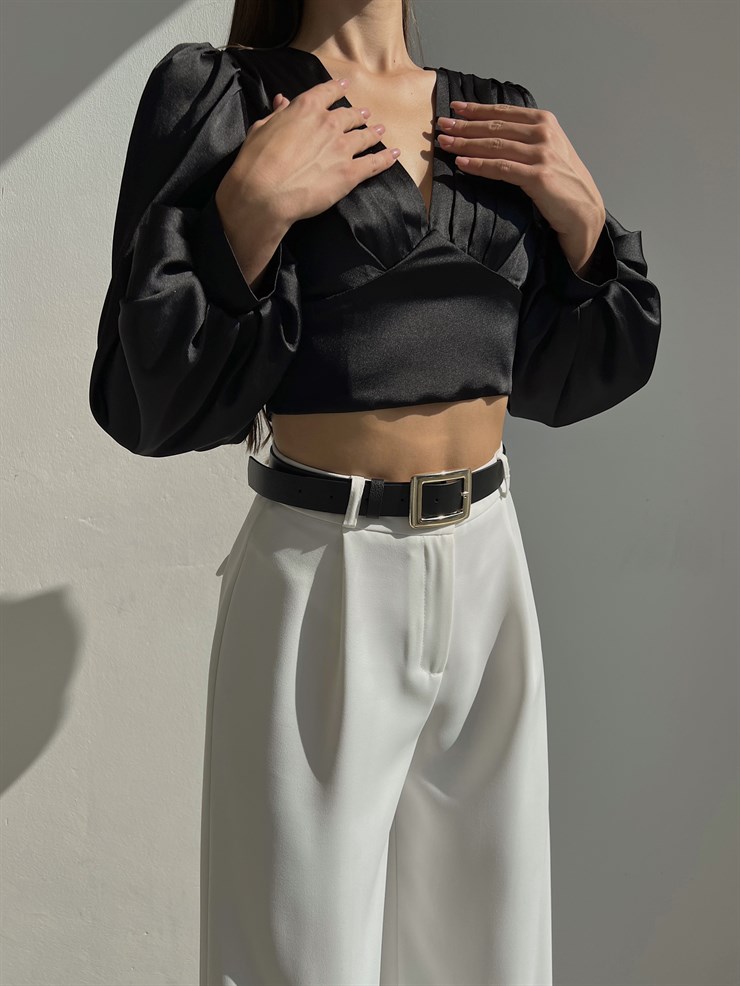 Sırtı Üçgen Dekolte Fermuar Kapamalı Balon Kol V Yaka Lanza Kadın Siyah Bluz 22Y000504