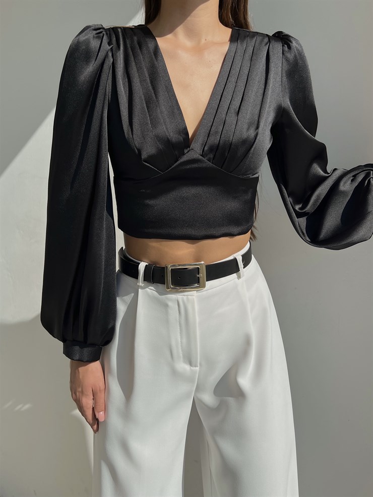 Sırtı Üçgen Dekolte Fermuar Kapamalı Balon Kol V Yaka Lanza Kadın Siyah Bluz 22Y000504