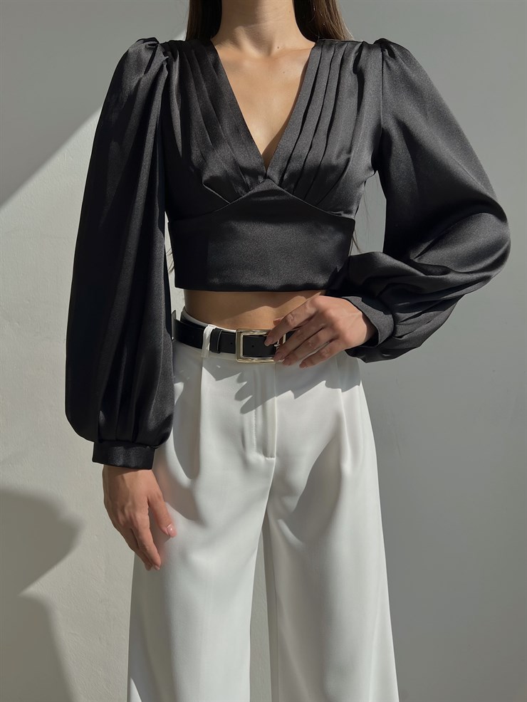 Sırtı Üçgen Dekolte Fermuar Kapamalı Balon Kol V Yaka Lanza Kadın Siyah Bluz 22Y000504