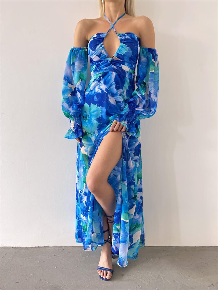 Şifon Boyundan Bağlamalı Desenli Düşük Kol Yırtmaçlı Sister Kadın Mavi Elbise 22Y000395