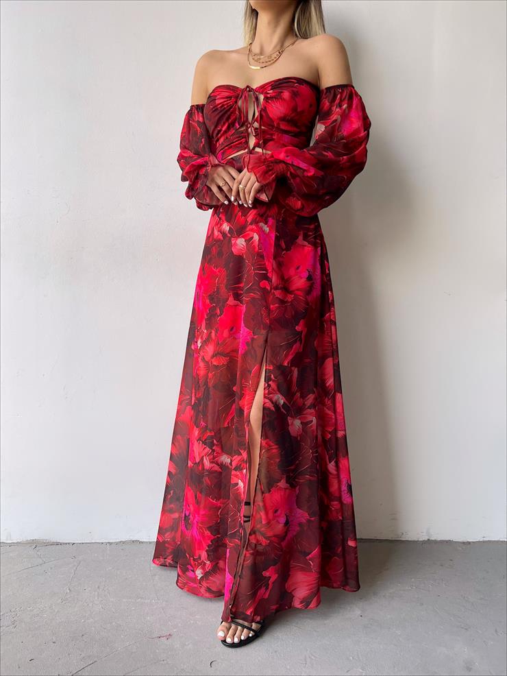 Şifon Boyundan Bağlamalı Desenli Düşük Kol Yırtmaçlı Sister Kadın Bordo Elbise 22Y000395