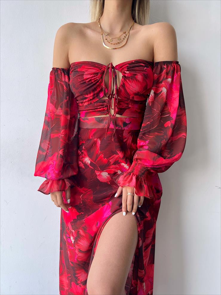 Şifon Boyundan Bağlamalı Desenli Düşük Kol Yırtmaçlı Sister Kadın Bordo Elbise 22Y000395