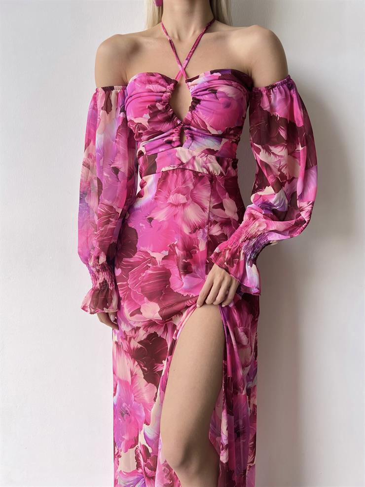 Şifon Boyundan Bağlamalı Desenli Düşük Kol Yırtmaçlı Sister Kadın Fuşya Elbise 22Y000395